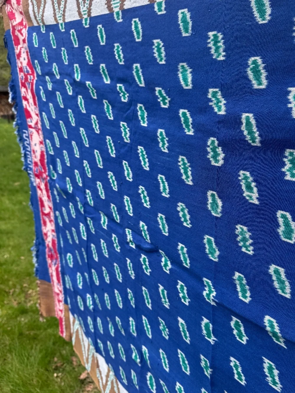 True Ikat Cloth Wrap Throw Blue Green Wall Hanging Medium Weight Weaving 82 X 45